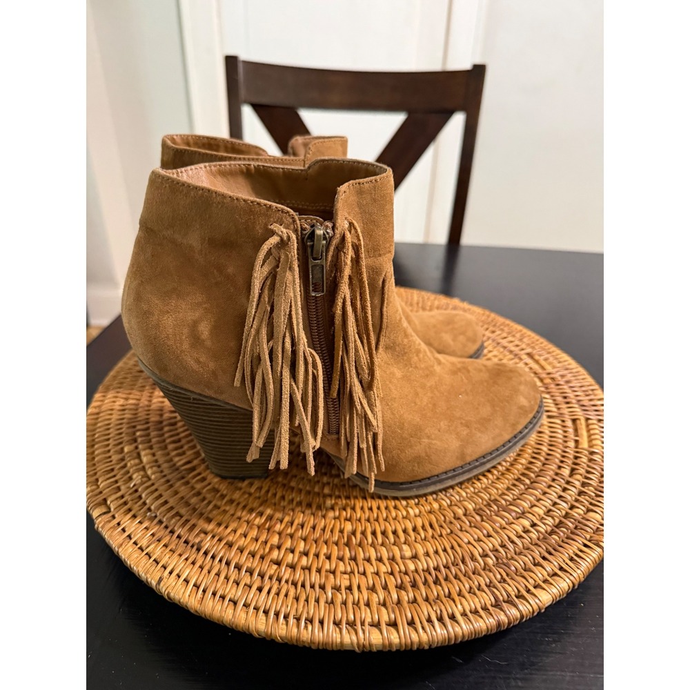MIA Linsie Tan Brown Suede Fringe Ankle Boots Womens 10 Western Boho Heel
